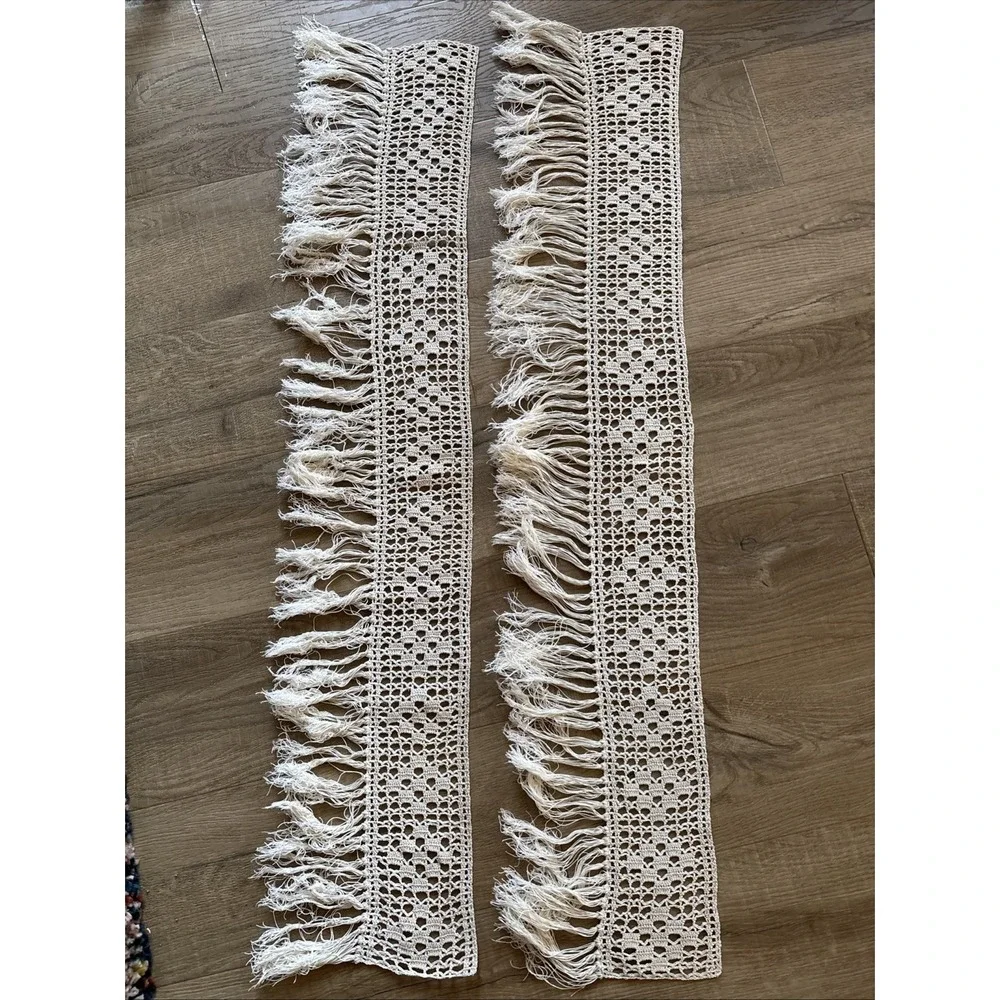 Two Cream Boho Crocheted Fringed Decorative  Accent Pieces For Shelf Mantel